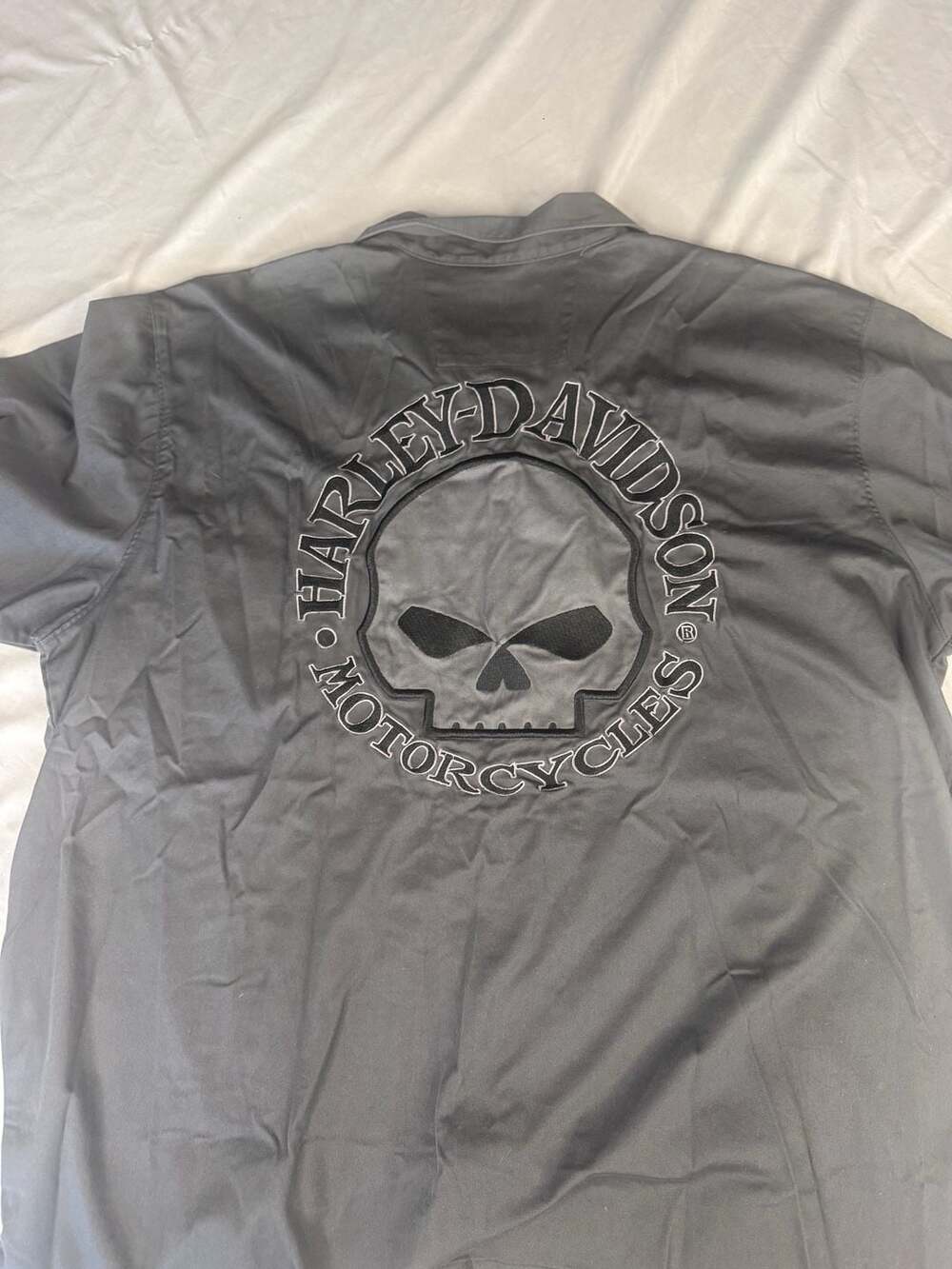 Harley Davidson Skull Button Up Shirt Size 2XL Gray Mechanic Short Sleeve